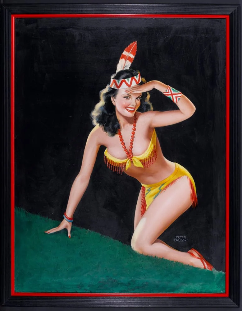 Geschilderde pin-up in een lijst, van een vrouw met een verentooi